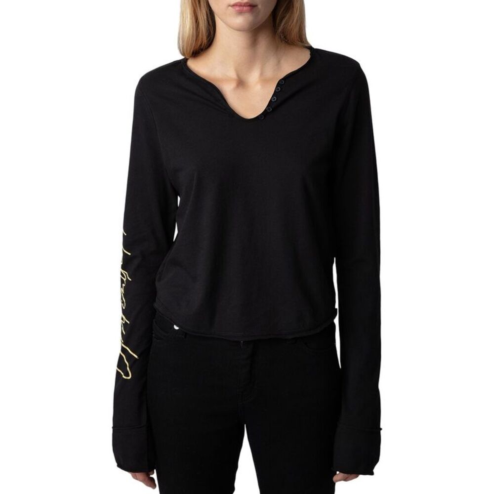 Zadig & Voltaire Black Long Sleeve Henley Tee with Gold Sleeve Script